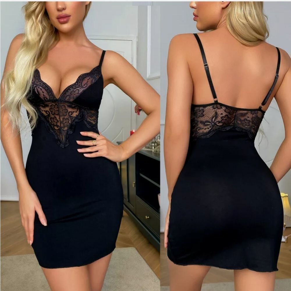 Women Babydoll Nightgown Chemises Lace Sleepwear V-Neck Full Slip Sleep Dress